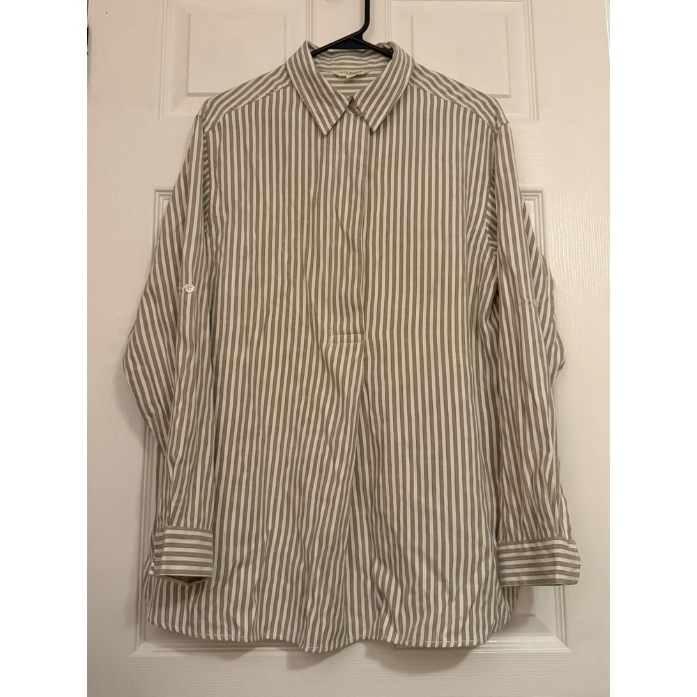 Max Studio London Striped Roll Tab Sleeve Tunic Blouse Tan White Large 2712J78